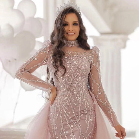 Muslim Pink Long Sleeve High Neck Luxury Beaded Evening Dresses Gowns 2025 Elegant Mermaid For Women Party  LA71721