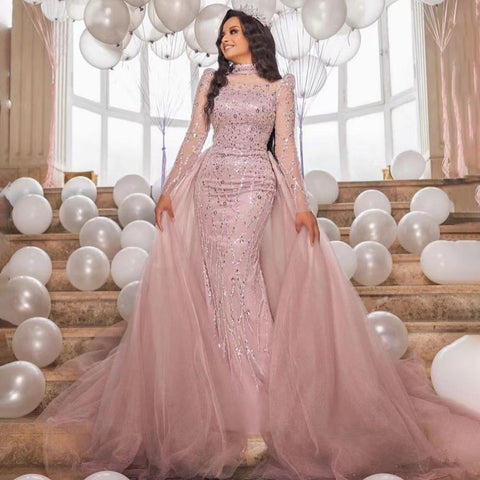 Muslim Pink Long Sleeve High Neck Luxury Beaded Evening Dresses Gowns 2025 Elegant Mermaid For Women Party  LA71721