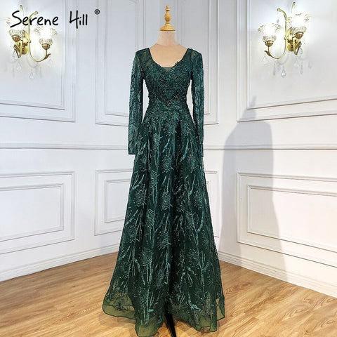 Muslim Pink Luxury Evening Dresses 2025 A-Line Beaded Long Sleeves For Women Party LA71311