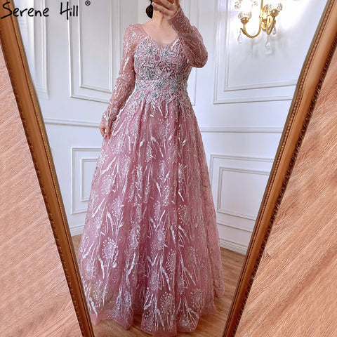 Muslim Pink Luxury Evening Dresses 2025 A-Line Beaded Long Sleeves For Women Party LA71311