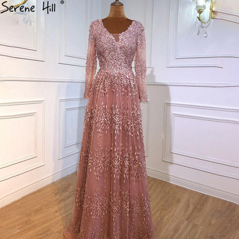 Robe de soirée de luxe rose musulmane, manches longues, coupe trapèze, cristal, pour femmes, LA70729, 2025 