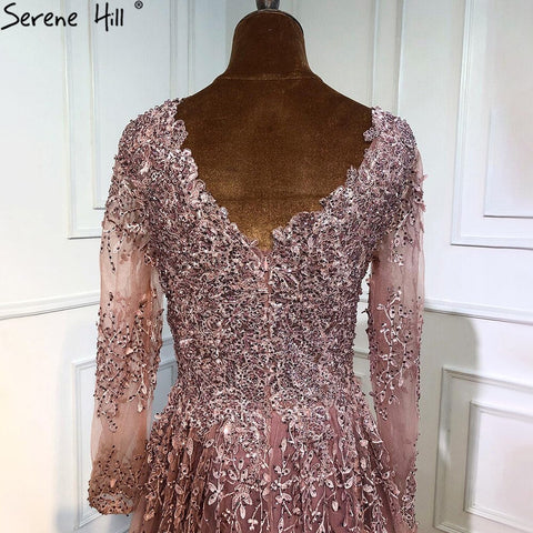 Robe de soirée de luxe rose musulmane, manches longues, coupe trapèze, cristal, pour femmes, LA70729, 2025 