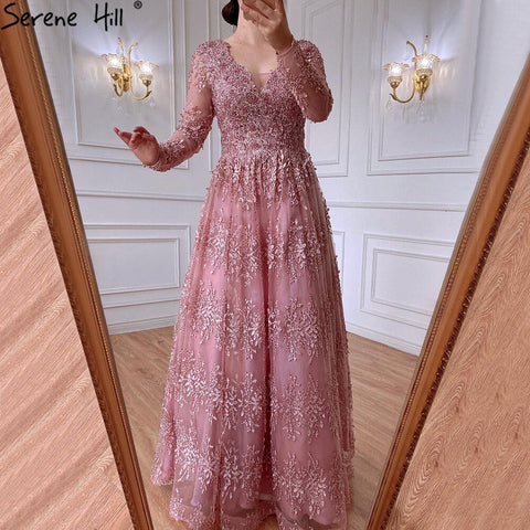 Robe de soirée de luxe rose musulmane, manches longues, coupe trapèze, cristal, pour femmes, LA70729, 2025 