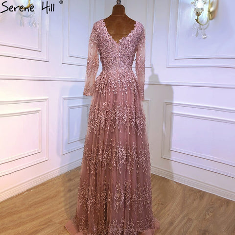 Robe de soirée de luxe rose musulmane, manches longues, coupe trapèze, cristal, pour femmes, LA70729, 2025 