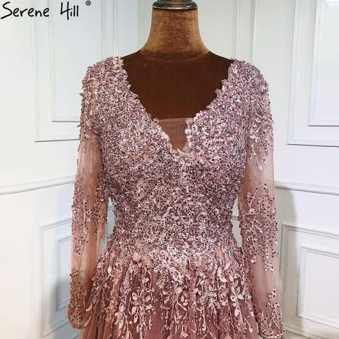Robe de soirée de luxe rose musulmane, manches longues, coupe trapèze, cristal, pour femmes, LA70729, 2025 