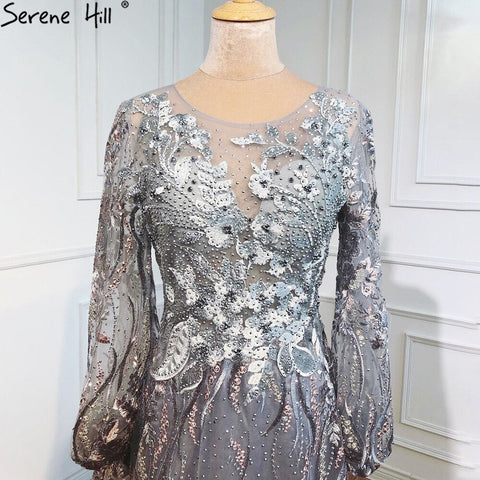 Vestidos de noche musulmanes de lujo en rosa, con flores de cristal, mangas largas tipo farol, diseño LA70779 