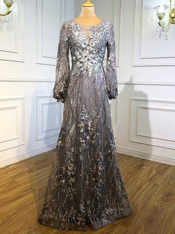 Vestidos de noche musulmanes de lujo en rosa, con flores de cristal, mangas largas tipo farol, diseño LA70779 