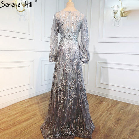 Vestidos de noche musulmanes de lujo en rosa, con flores de cristal, mangas largas tipo farol, diseño LA70779 