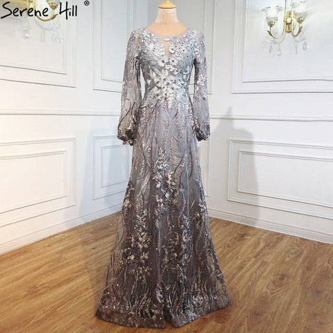 Vestidos de noche musulmanes de lujo en rosa, con flores de cristal, mangas largas tipo farol, diseño LA70779 