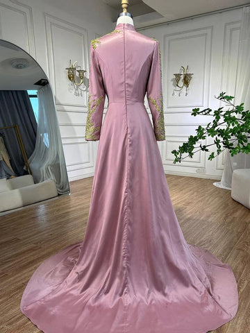 Muslim Pink Mermaid Embroidery Satin Elegant Evening Dresses Gowns 2025 For Women Wedding Party LA72218