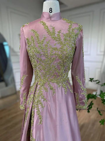 Muslim Pink Mermaid Embroidery Satin Elegant Evening Dresses Gowns 2025 For Women Wedding Party LA72218