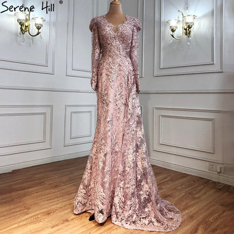 Vestidos de noche musulmanes de lujo con encaje de sirena rosa y cuentas, con sobrefalda, 2025, cristales, para mujer, fiesta, LA71164 