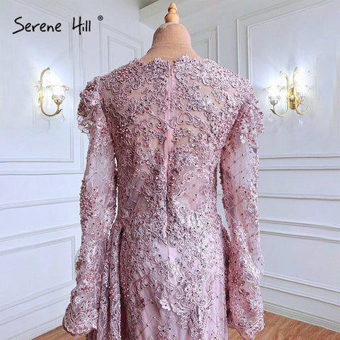 Vestidos de noche musulmanes de lujo con encaje de sirena rosa y cuentas, con sobrefalda, 2025, cristales, para mujer, fiesta, LA71164 