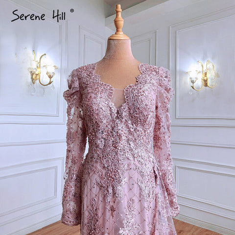 Vestidos de noche musulmanes de lujo con encaje de sirena rosa y cuentas, con sobrefalda, 2025, cristales, para mujer, fiesta, LA71164 