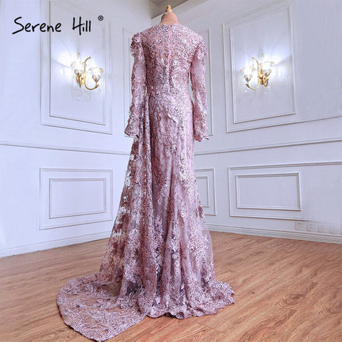 Vestidos de noche musulmanes de lujo con encaje de sirena rosa y cuentas, con sobrefalda, 2025, cristales, para mujer, fiesta, LA71164 