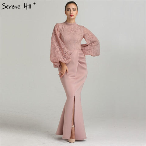 On Sale No Return No Refund Sale Muslim Pink Mermaid Lantern Sleeves Evening Dresses Gowns 2025 Split Elegant For Woman Party QA8002