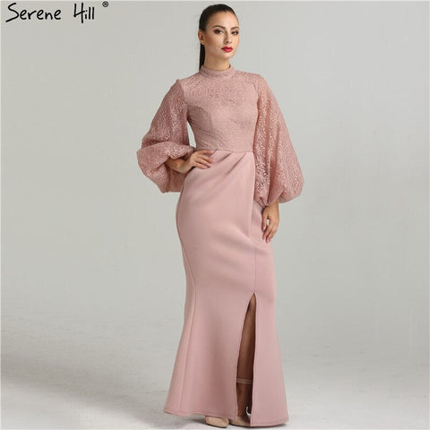 On Sale No Return No Refund Sale Muslim Pink Mermaid Lantern Sleeves Evening Dresses Gowns 2025 Split Elegant For Woman Party QA8002