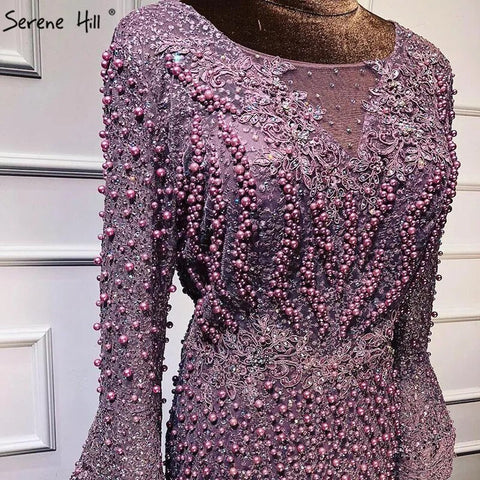 On Sale No Return No Refund Muslim Pink Mermaid Luxury Lace Beaded Pearls Long Sleeves Evening Dress Formal Party Gown 2025 Plus Size LA60813