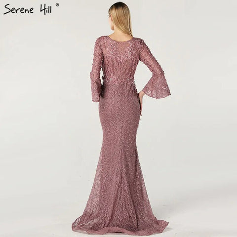 On Sale No Return No Refund Muslim Pink Mermaid Luxury Lace Beaded Pearls Long Sleeves Evening Dress Formal Party Gown 2025 Plus Size LA60813