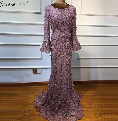 On Sale No Return No Refund Muslim Pink Mermaid Luxury Lace Beaded Pearls Long Sleeves Evening Dress Formal Party Gown 2025 Plus Size LA60813