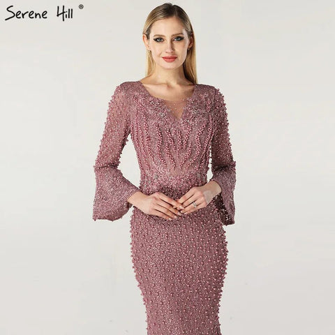 On Sale No Return No Refund Muslim Pink Mermaid Luxury Lace Beaded Pearls Long Sleeves Evening Dress Formal Party Gown 2025 Plus Size LA60813