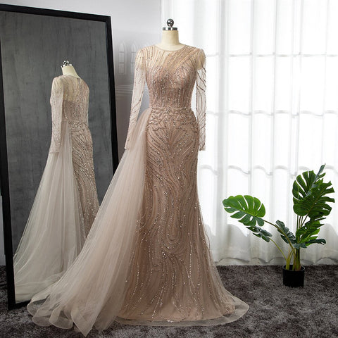 Pink Mermaid With Skirt Long Evening Dresses Gowns 2025 O-Neck Elegant Beaded Luxury For Women Party LA71673