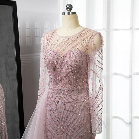 Pink Mermaid With Skirt Long Evening Dresses Gowns 2025 O-Neck Elegant Beaded Luxury For Women Party LA71673