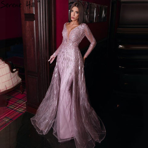 Muslim Pink Overskirt Evening Dresses 2025 Luxury Mermaid Beaded Elegant Party For Woman LA71197