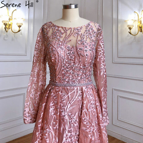 Vestido de noche musulmán de sirena con sobrefalda rosa, 2025, con plumas y cuentas, de lujo, para mujer, fiesta, LA71434 