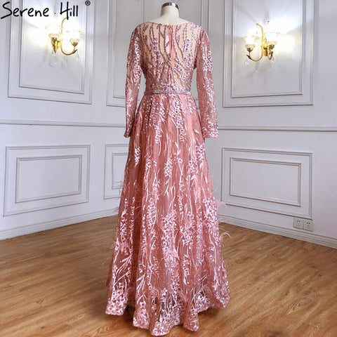 Vestido de noche musulmán de sirena con sobrefalda rosa, 2025, con plumas y cuentas, de lujo, para mujer, fiesta, LA71434 