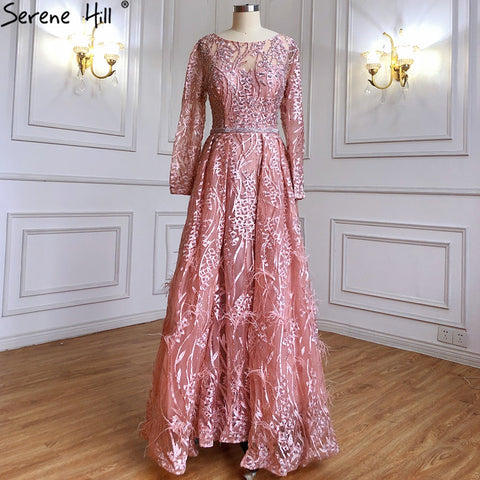 Vestido de noche musulmán de sirena con sobrefalda rosa, 2025, con plumas y cuentas, de lujo, para mujer, fiesta, LA71434 