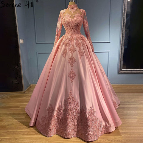 Muslim Pink Satin Evening Dresses Gowns 2025 Beaed Luxury Ball Gown For Women Party LA71224