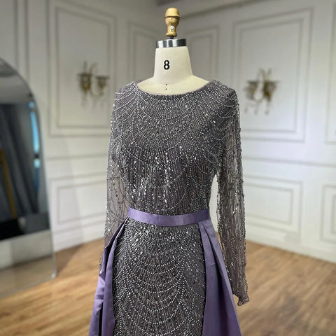 Muslim Purple Mermaid Beaded Pearls Evening Gown with Detachable Overskirt for Women | Wedding Party 2025 LA72032E