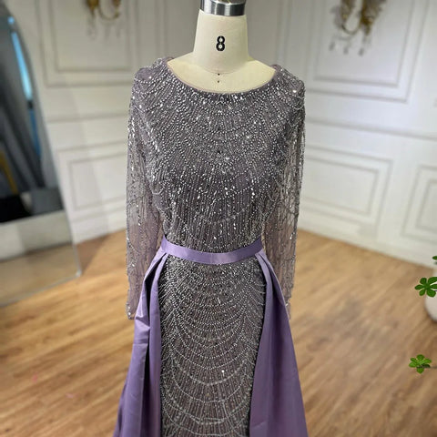 Muslim Purple Mermaid Beaded Pearls Evening Gown with Detachable Overskirt for Women | Wedding Party 2025 LA72032E