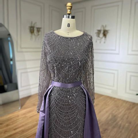 Muslim Purple Mermaid Beaded Pearls Evening Gown with Detachable Overskirt for Women | Wedding Party 2025 LA72032E