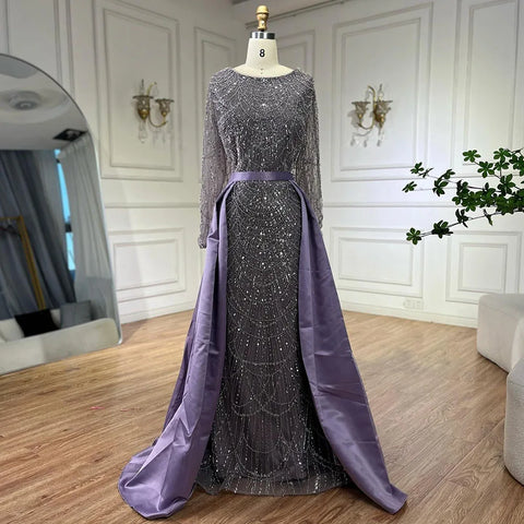 Muslim Purple Mermaid Beaded Pearls Evening Gown with Detachable Overskirt for Women | Wedding Party 2025 LA72032E
