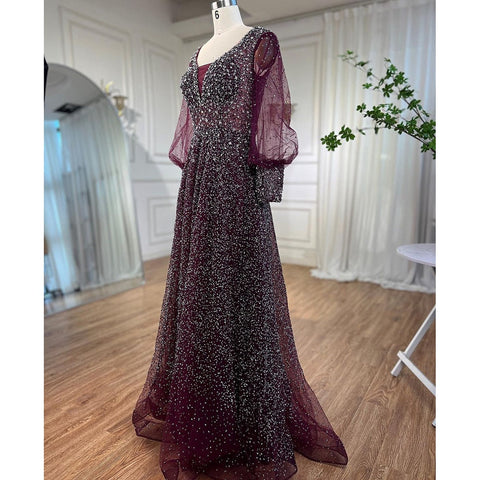 Muslim Purple A Line Elegant Puff Sleeves Evening Dresses Gowns Luxury Beaded 2025 For Women Wedding Party LA72145