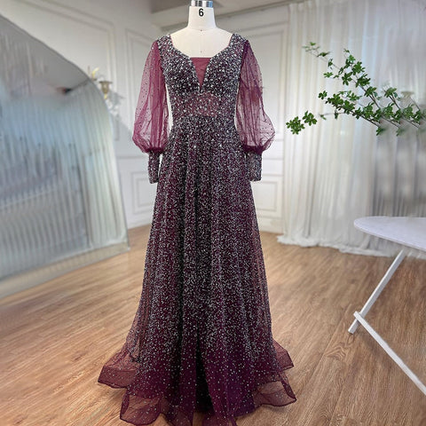 Muslim Purple A Line Elegant Puff Sleeves Evening Dresses Gowns Luxury Beaded 2025 For Women Wedding Party LA72145