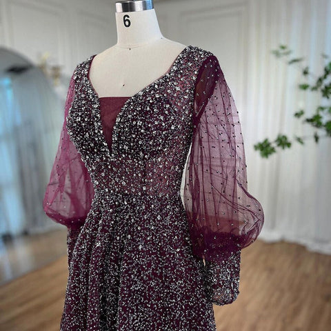 Muslim Purple A Line Elegant Puff Sleeves Evening Dresses Gowns Luxury Beaded 2025 For Women Wedding Party LA72145