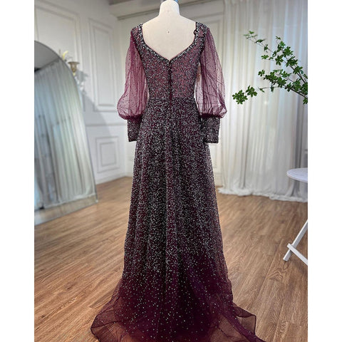 Muslim Purple A Line Elegant Puff Sleeves Evening Dresses Gowns Luxury Beaded 2025 For Women Wedding Party LA72145