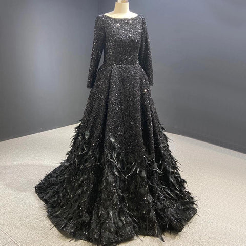 Muslim Red A-Line Luxury Evening Dresses Gowns 2025 Sparkle Feather For Women Party HM67124