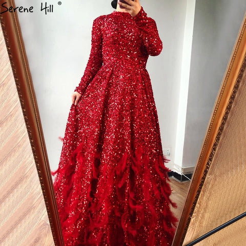 Muslim Red A-Line Luxury Evening Dresses Gowns 2025 Sparkle Feather For Women Party HM67124