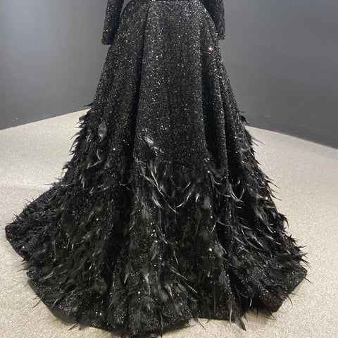 Muslim Red A-Line Luxury Evening Dresses Gowns 2025 Sparkle Feather For Women Party HM67124