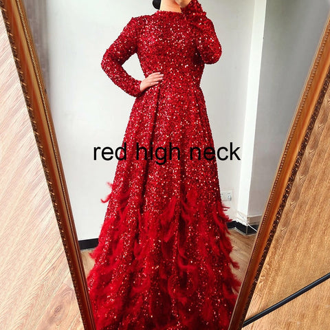 Muslim Red A-Line Luxury Evening Dresses Gowns 2025 Sparkle Feather For Women Party HM67124