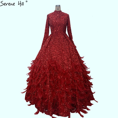 Muslim Red A-Line Luxury Evening Dresses Gowns 2025 Sparkle Feather For Women Party HM67124