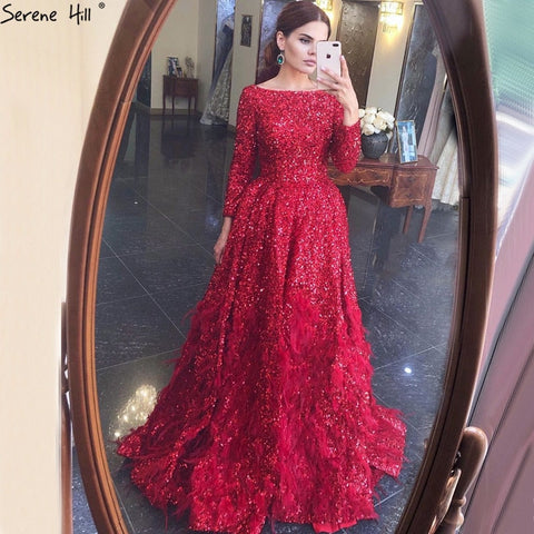 Muslim Red A-Line Luxury Evening Dresses Gowns 2025 Sparkle Feather For Women Party HM67124