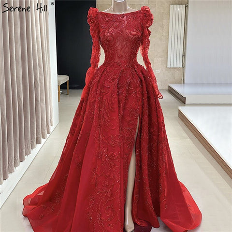 Muslim Red Luxury Evening Dresses Gowns 2025 Lace Beaded A-Line High Split For Women Party LA70445