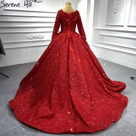 Muslim Red Luxury Wedding Dresses 2025 Sparkle Beaded Long Sleeves Bridal Gowns HA2513 Custom Made