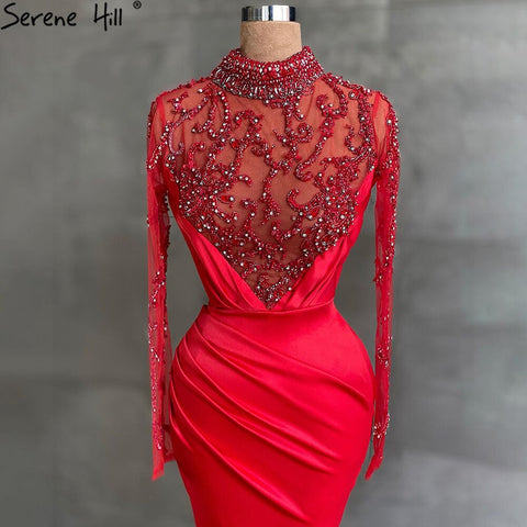 On Sale no return no refundSale Muslim Red Mermaid Split Evening Dresses Gowns 2025 Elegant Satin Beading For Women Party LA71091