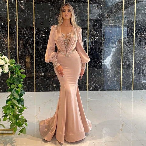 Muslim Rose Mermaid Evening Dresses Gowns 2025 Luxury Beaded Elegant Satin For Women Party LA71511
